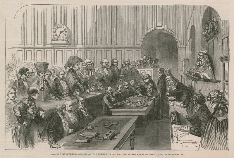 Forntida medborgerlig besittningssed, på spegeln av St Michael, i Court of Exchequer, i Westminster av English School