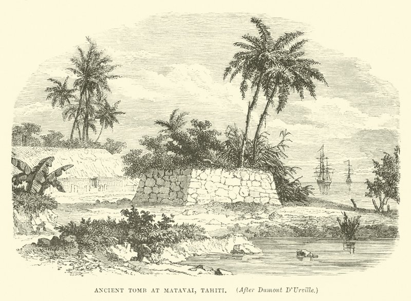 Forntida grav i Matavai, Tahiti, efter Dumont DUrville av English School