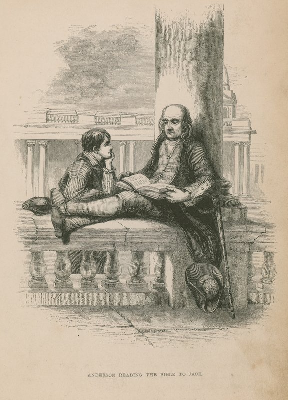 Anderson läser Bibeln för Jack; illustration från Poor Jack av Frederick Marryat av English School
