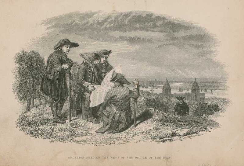 Anderson läser nyheterna om slaget vid Nilen; illustration från Poor Jack av Frederick Marryat av English School