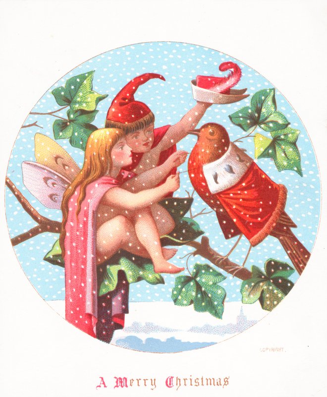 Ängel och tomte klär Robin, julkort av English School