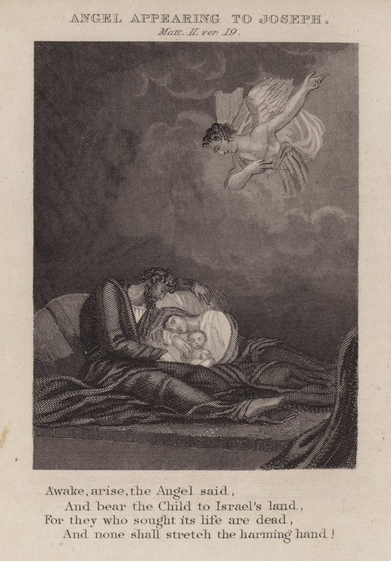 Ängel som visar sig för Josef, Matteus II, ver 19 (gravyr) av English School