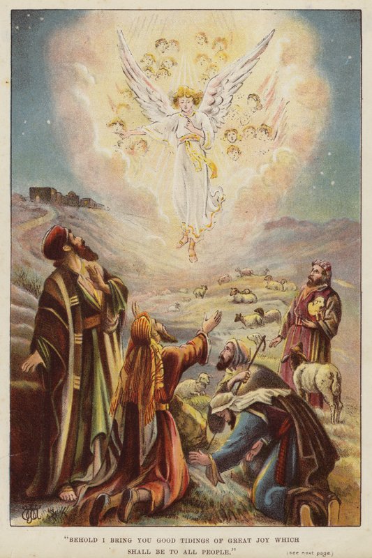 Ängel som berättar för herdarna om Jesu Kristi födelse (chromolitho) av English School