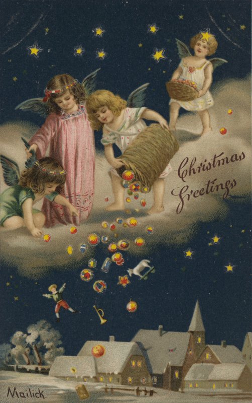 Änglar som häller julklappar på jorden (chromolitho) av English School