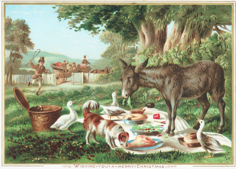Djur som äter picknicken, julkort av English School