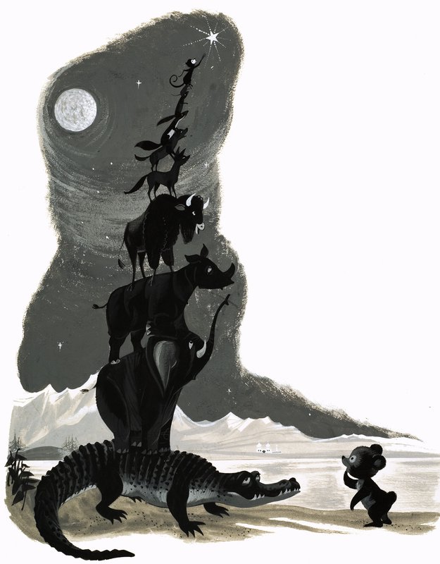 Djur staplade ovanpå varandra (gouache på papper) av English School