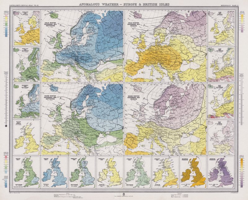Avvikande väder, Europa och Brittiska öarna (färglitografi) av English School