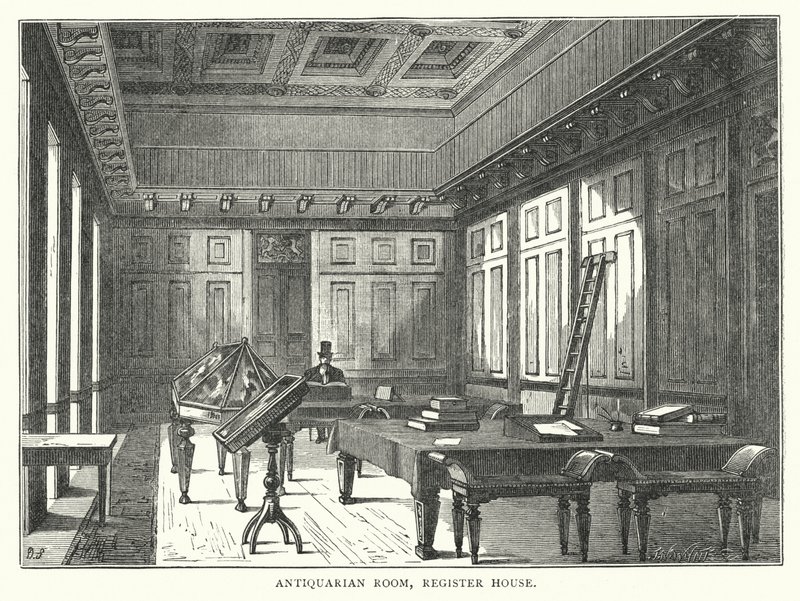 Antikvarisk rum, registerhus (gravyr) av English School