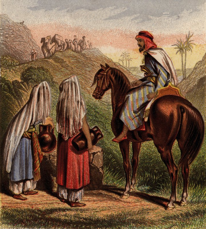 Arabier till häst och samlar vatten (chromolitho) av English School