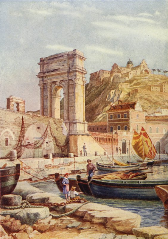 Trajanus båge och hamnen i Ancona, Italien (färg litho) av English School