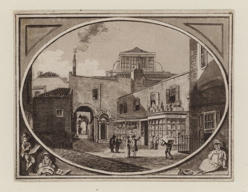 Archibald Roberton, trycksakssäljare, från Savill Row Passage, angränsande Squibs Auction Room, cirka 1790 av English School