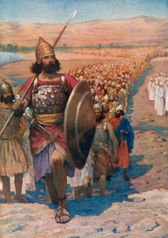 "Stå upp, gå över denna Jordan, du och hela detta folk," Josua I 2 (färg litho) av English School
