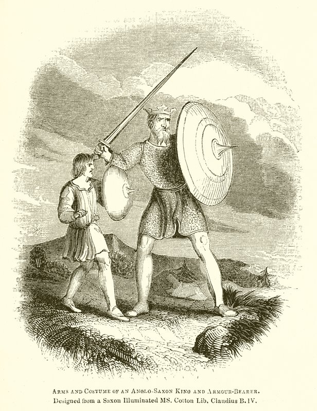Vapen och dräkt av en anglosaxisk kung och vapendragare av English School