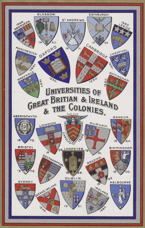 Arms of the Universities of Great Britain, Ireland and the Colonies (färg litho) av English School