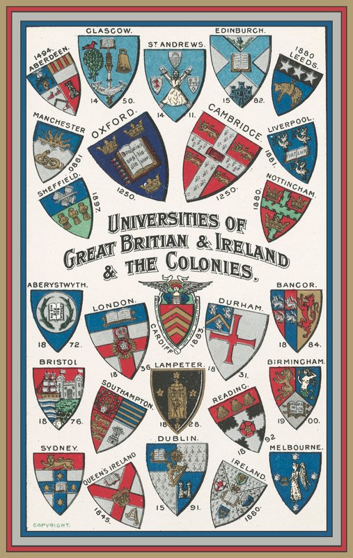 Vapen från universitet i Storbritannien och Irland och kolonierna (färg litho) av English School