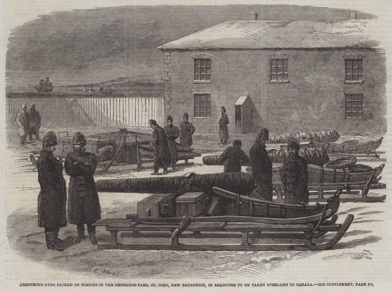 Armstrong Guns packade på slädar i Ordnance-Yard, St John, New Brunswick, i beredskap för att tas landvägen till Kanada (gravyr) av English School