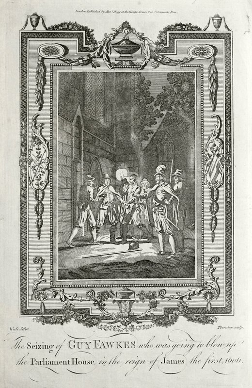 Gripande av Guy Fawkes för försök att spränga parlamentets hus i krutplanen, 5 november 1605 (gravyr) av English School