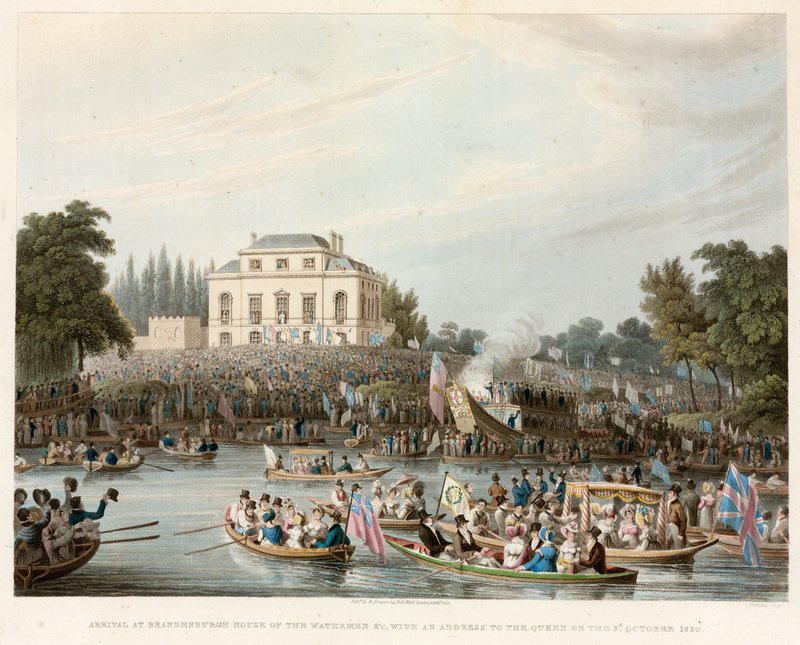 Ankomst till Brandebburgh House of the Watermen etc med en adress till drottningen, 3 oktober 1820 av English School