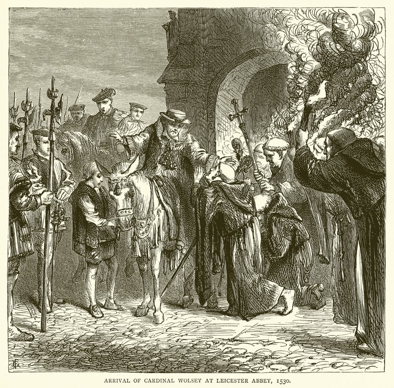Kardinal Wolseys ankomst till Leicester Abbey, 1530 av English School