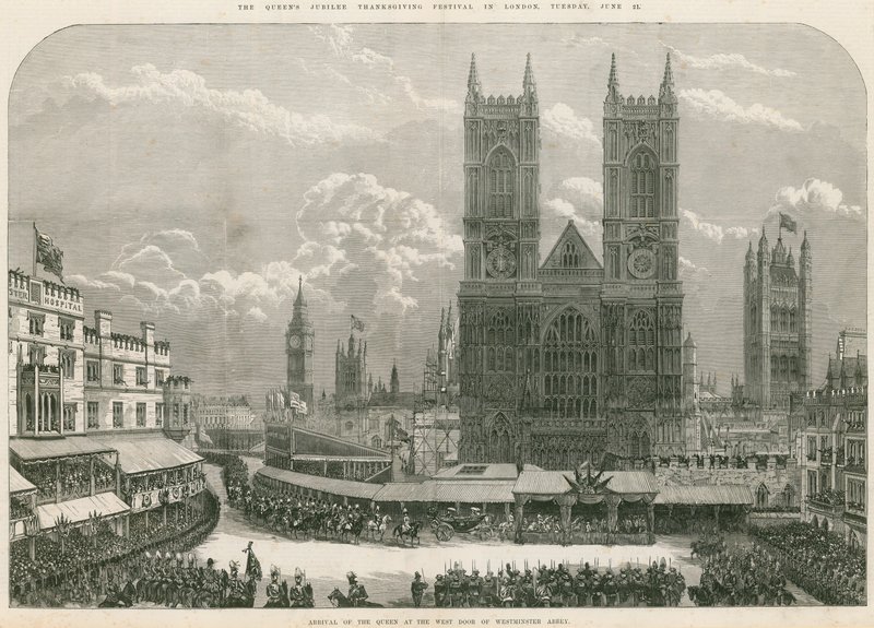 Ankomst av drottning Victoria vid västra dörren till Westminster Abbey av English School