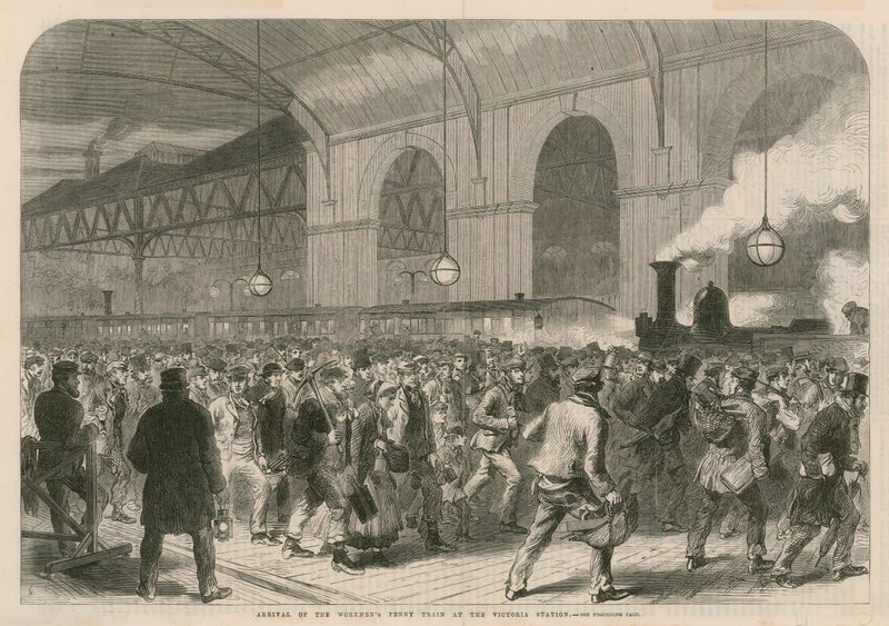 Ankomst av arbetarnas penny-tåg till Victoria Station av English School