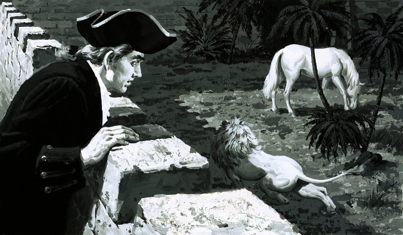 Konstnären George Stubbs såg när ett lejon stal mot en Barbaryhäst (gouache på papper) av English School