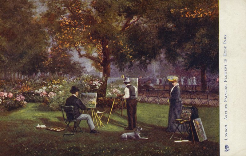 Konstnärer som målar blommor i Hyde Park, London av English School