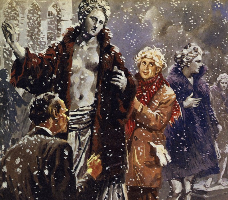 Som ett skämt klädde Harpo statyer i pälsrockar när han såg att det snöade av English School