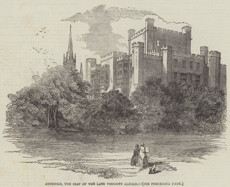 Ashridge, säte för framlidne Viscount Alford (gravyr) av English School