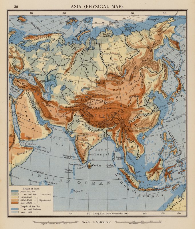Asien, fysisk karta (färglitografi) av English School