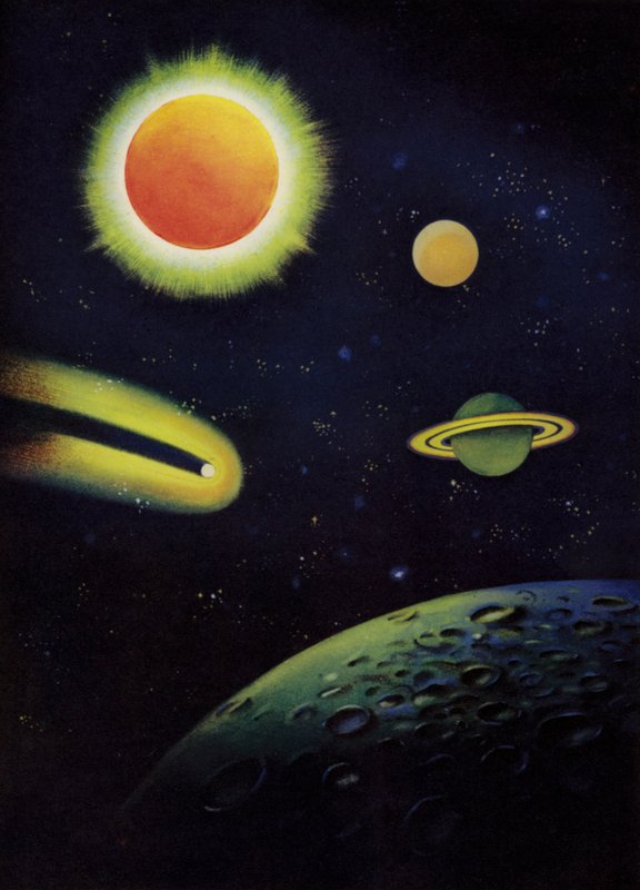 Astronomiska objekt: Solen som visar sin korona; planeterna Mars och Saturnus; Coggias komet; månens yta (färg litho) av English School