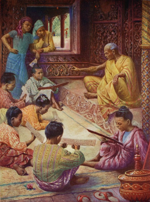 I skolan i Burma (färg litho) av English School
