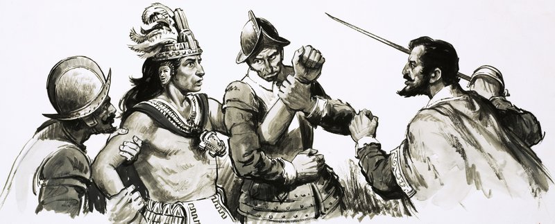 Atahualpa, mfalme-mungu wa Inka, alikuja kukutana na Wahispania waliovamia kwa njia ya kirafiki. av English School