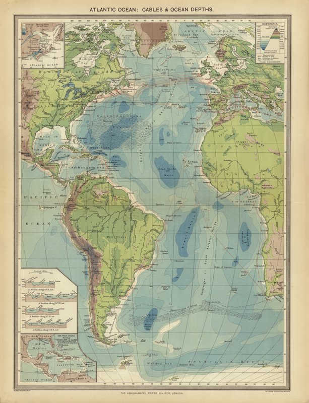 Atlanten, kablar och havsdjup (färg litho) av English School