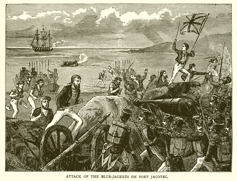 Attack av de blå jackorna på hamn Jacotel av English School