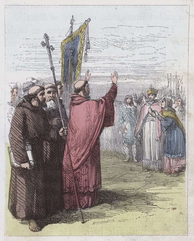 Augustine Preaching before Ethelbert (färgad gravyr) av English School