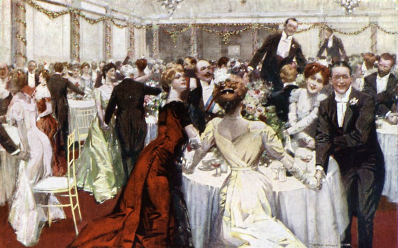 Auld Lang Syne, nyårsafton, The Savoy Hotel (litho i färg) av English School