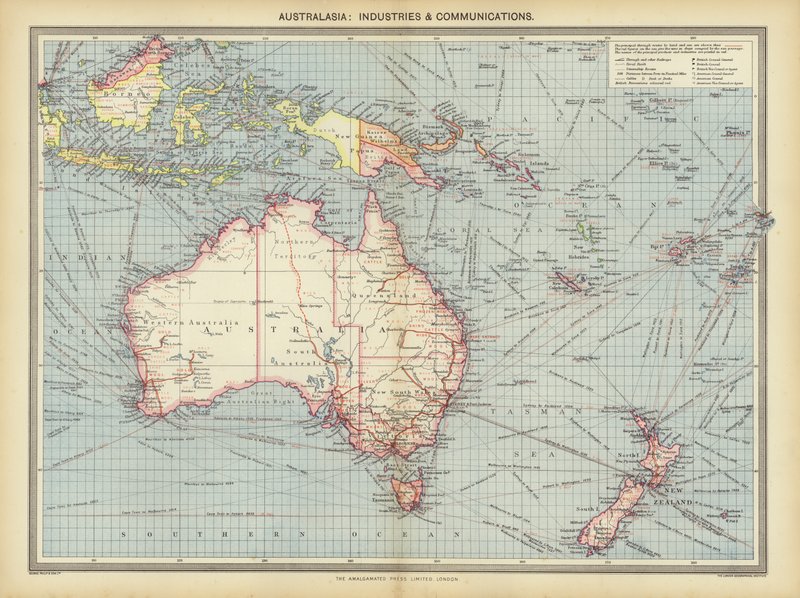 Australasien, industrier och kommunikation (färg litho) av English School
