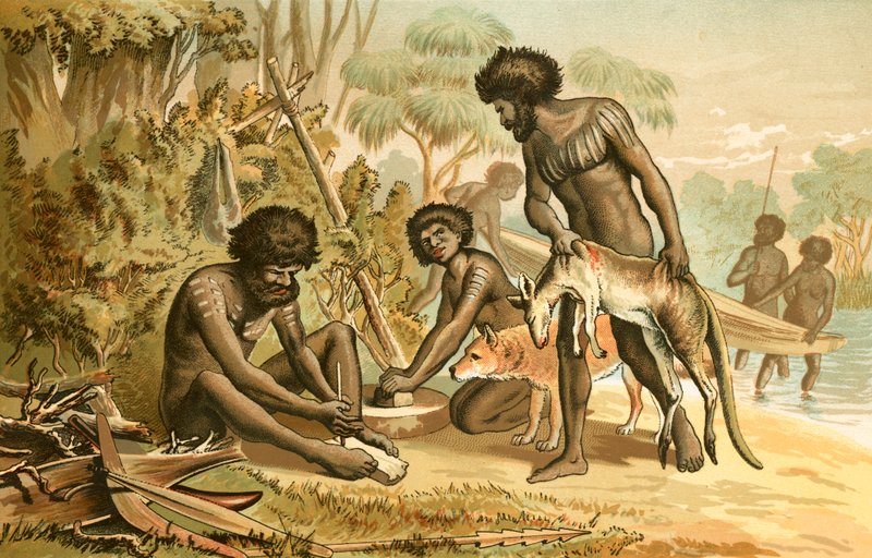 Australiska aboriginer förbereder en måltid av English School