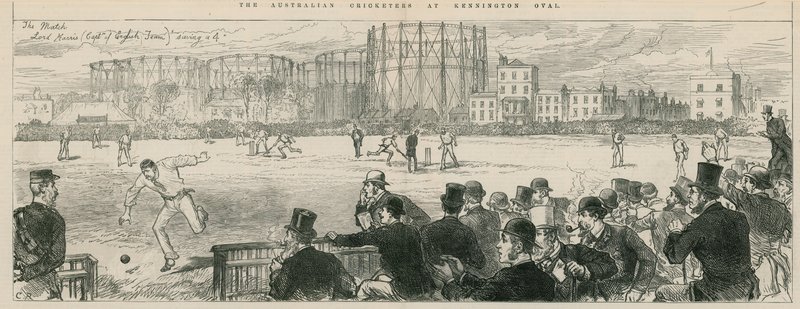 Australian Cricketers på Kennington Oval: Lord Harris (kapten för det engelska laget) räddar en fyra av English School