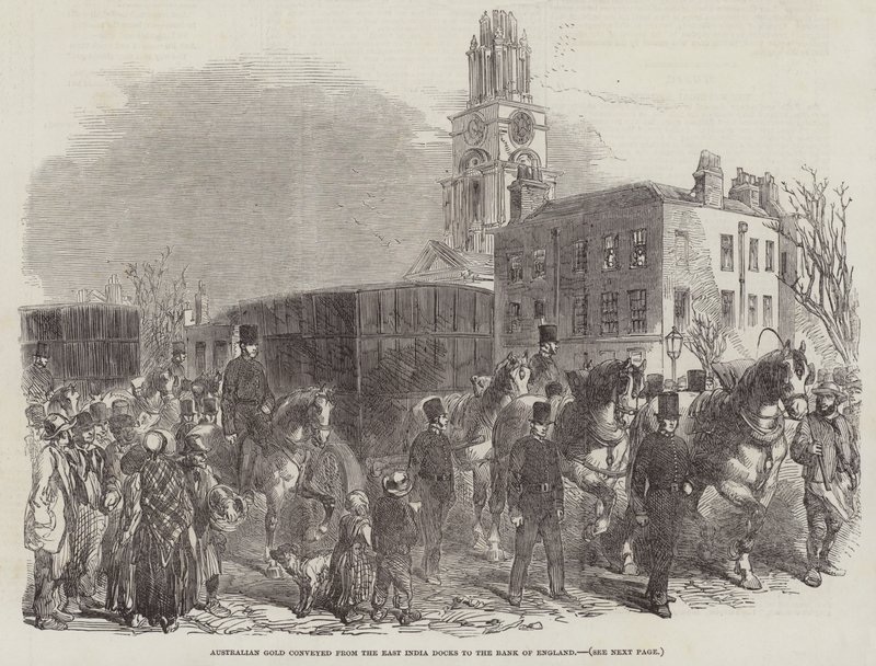 Australian Gold transporteras från East India Docks till Bank of England (gravyr) av English School
