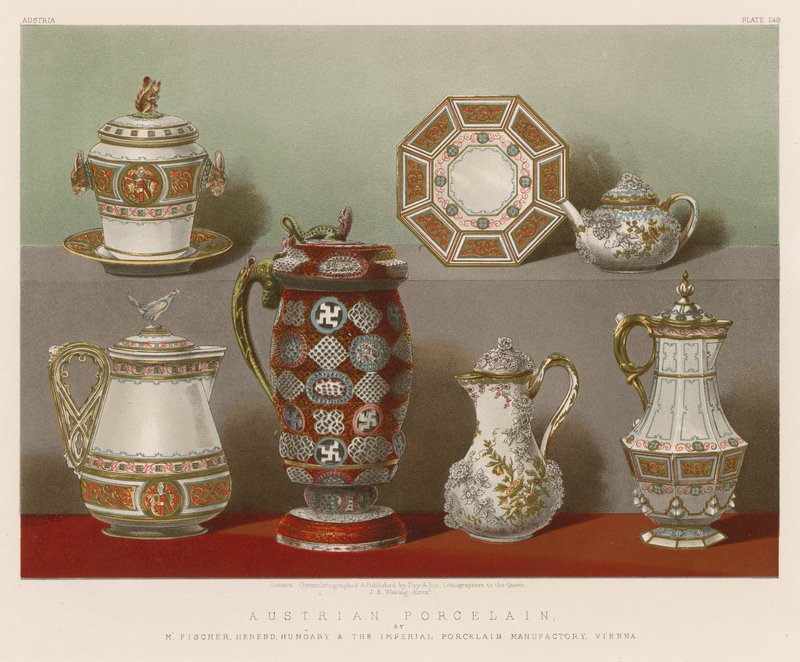 Österrikiskt porslin av M Fischer, Herend, Ungern och The Imperial Porcelain Manufactory, Wien av English School