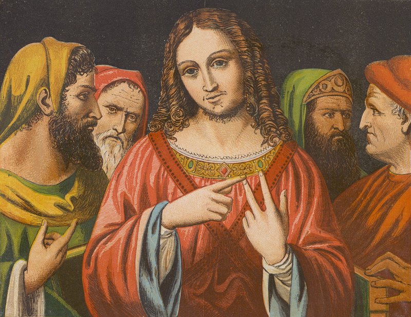 Jesu Kristi auktoritet ifrågasatt i templet (färglitografi) av English School