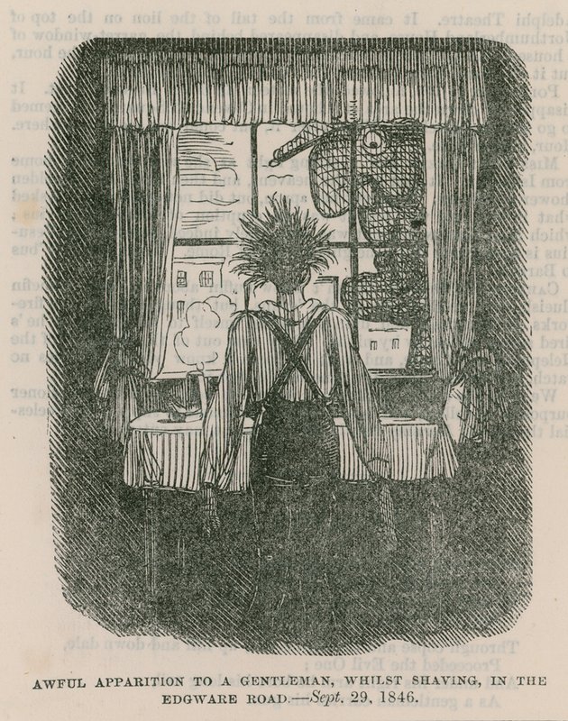 Hemskt uppenbarelse för en gentleman under rakning på Edgware Road, London - 30 september 1846 av English School