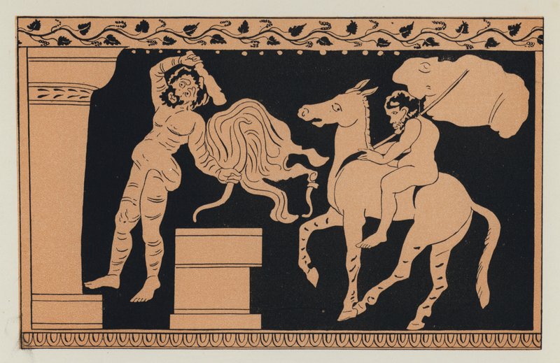 Bacchus och Xanthias (färglitografi) av English School