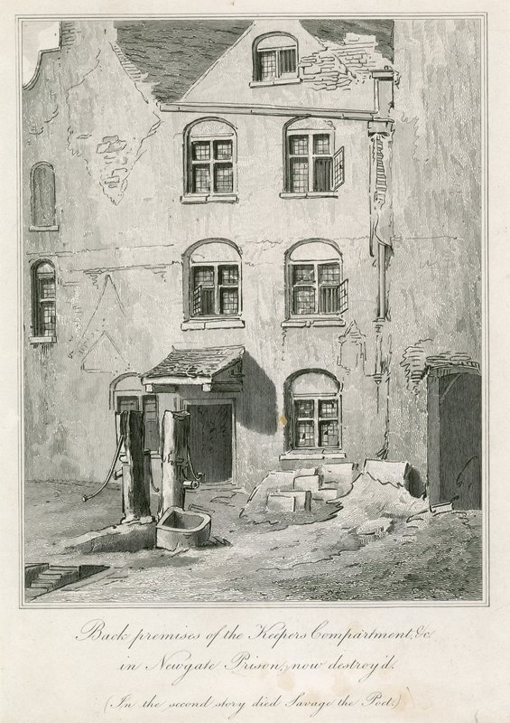 Baksidan av Keepers Compartment i Newgate Prison. I den andra historien dog poeten Richard Savage av English School