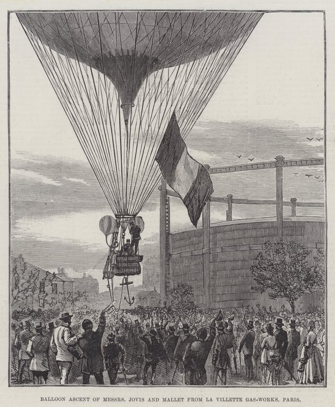 Ballongbestigning av Messers Jovis och Mallet från La Villette Gas-Works, Paris (gravyr) av English School