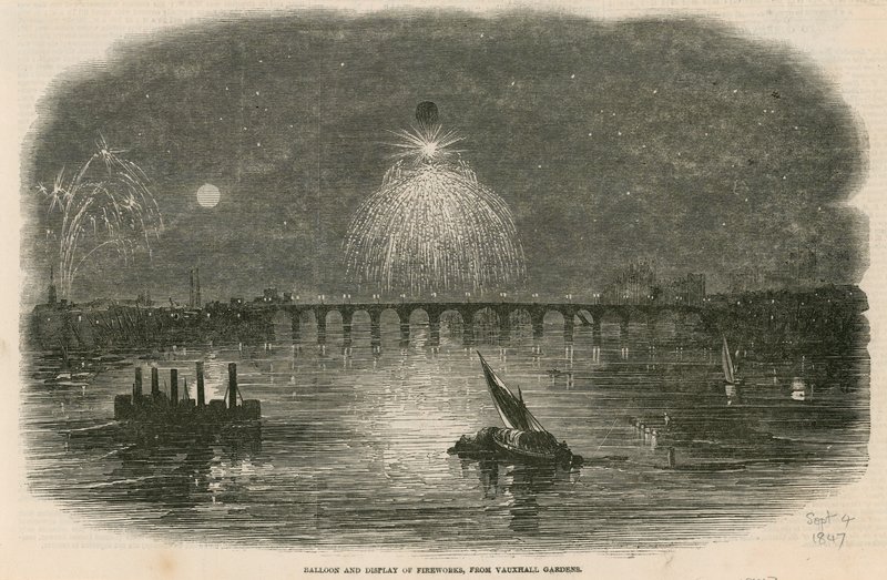 Ballong och uppvisning av fyrverkerier, Vauxhall Gardens, London av English School