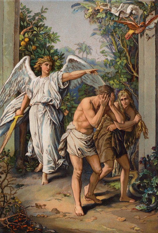Förvisning av Adam och Eva från Edens lustgård (chromolitho) av English School