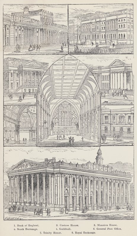 Bank of England, Custom House, Mansion House, Stock Exchange, Guildhall, General Post Office, Trinity House, Royal Exchange (gravyr) av English School